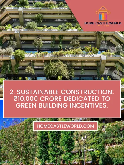 This graphic from our budget overview focuses on the 10,000 crore dedicated to green building incentives, a key government initiative that aligns with our sustainable construction practices.