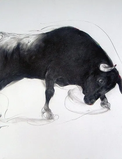 The 'Bull Series' is a recurring theme that many of my collectors follow. This particular piece by Sunil Sarkar captures the animal's raw power and grace with incredible economy of line, showcasing how a simple drawing can convey immense energy.
