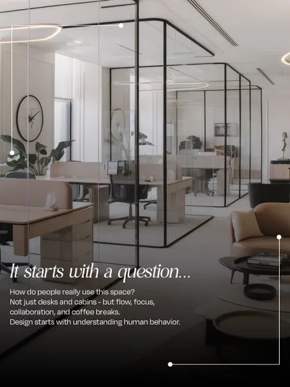 A modern office layout with glass-walled cabins that balance privacy and transparency. This design starts with understanding human behavior, creating flow between focus areas, collaborative zones, and spaces for breaks.