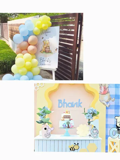 A duplicate image of the welcome sign and cake table for the Winnie the Pooh party.