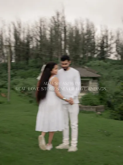 An artistic shot with a motion blur effect, creating a dreamy and ethereal feel. The text overlay adds a romantic, storybook touch to this Ooty pre-wedding photo.