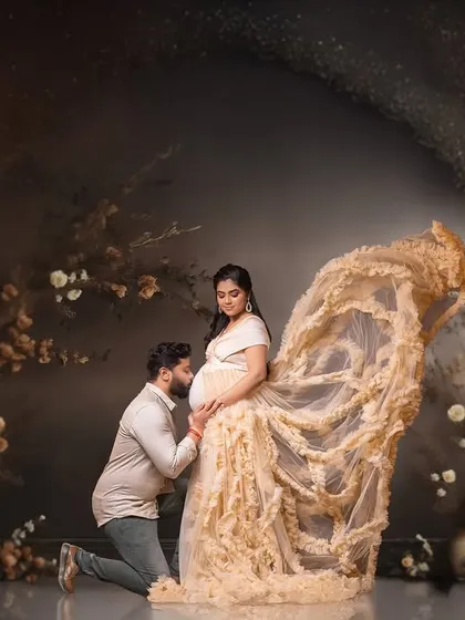 A one-of-a-kind fantasy edit. We used AI-assisted techniques to create this dramatic and artistic scene, with the couple at the center of a celestial-inspired backdrop.
