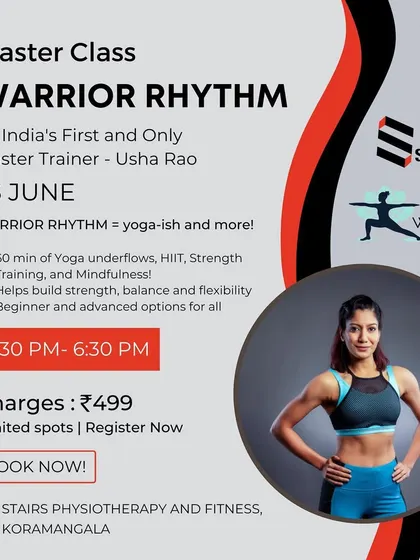 This poster for a Master Class gives you an idea of what a session entails. It's a 60 minute fusion of yoga undertones, HIIT, strength training, and mindfulness, designed to be accessible for all levels while building strength, balance, and flexibility.