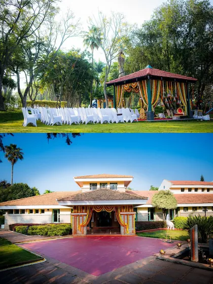 Another view of the stunning outdoor wedding venue, showcasing the lush greenery and the elegant mandap.