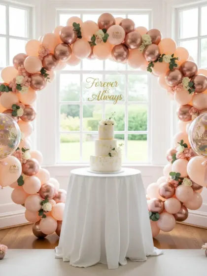 The cake cutting is a key moment, and I design beautiful displays to highlight it. This elegant, circular balloon arch in pastel pink and rose gold, accented with flowers, creates a romantic frame for the wedding cake.