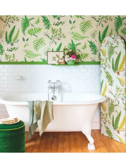 Create a sanctuary in your bathroom with this botanical wallpaper featuring a variety of ferns. The fresh green pattern from La Maison Pierre Frey turns a functional space into your very own calm and serene retreat to kick back and unwind.