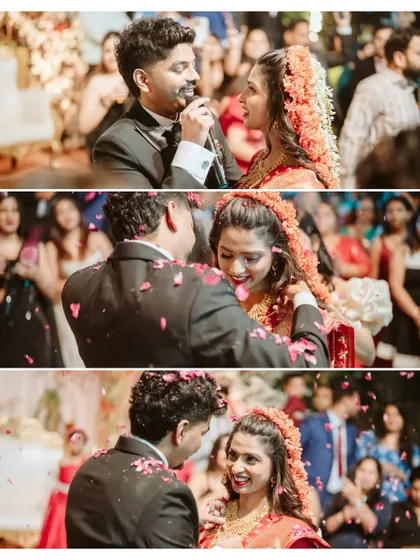 A collage of heartfelt moments from the reception, including the groom's speech and a shower of petals. These images capture the love and emotion shared between the couple and their guests.