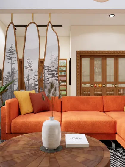 A vibrant living room concept for Campan Valley Villa, featuring a bold orange sofa and unique hanging partitions that create visual interest.