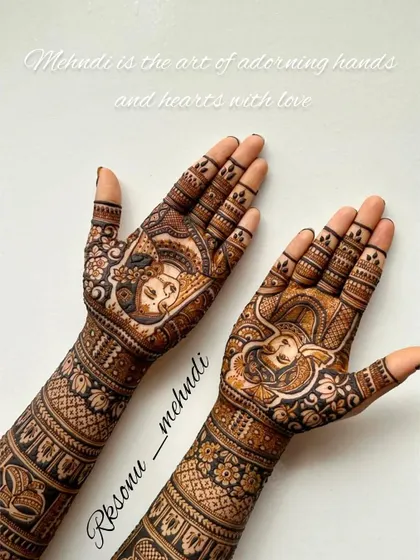 "Mehndi is the art of adorning hands and hearts with love." This design beautifully captures that sentiment with portraits of Lord Ganesha and the bride, symbolizing blessings and new beginnings.