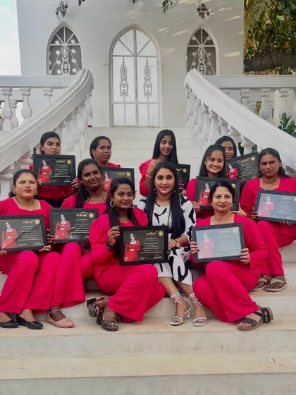 A proud moment for our students as they pose with their certificates after a successful portfolio shoot. This marks their official entry into the professional beauty industry.
