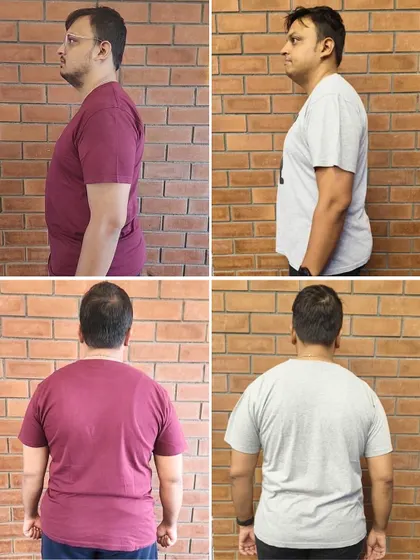 The side and back views of Siddharth's transformation highlight his reduced fat percentage and a stronger, more disciplined physique.