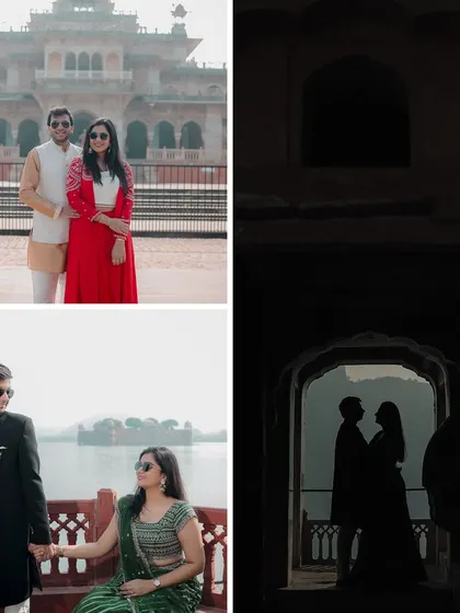 This collection shows the variety of a Jaipur heritage shoot, including portraits at Albert Hall, a lakeside view of Jal Mahal, and a dramatic silhouette through an ancient archway.