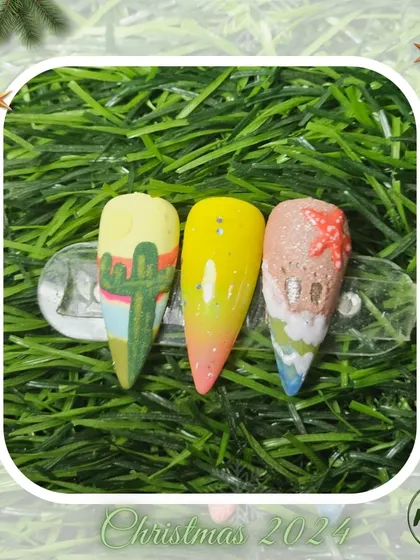 A collection of various nail art designs, from abstract and animal prints to delicate florals and 3D textures, all beautifully framed for the Christmas season.
