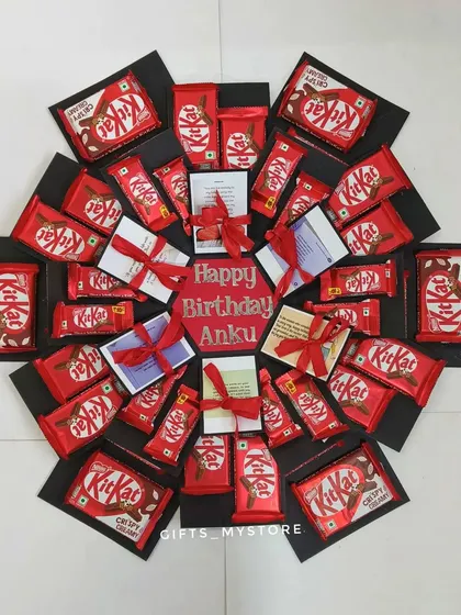 The final layer of the KitKat explosion box, personalized with a "Happy Birthday Anku" message in the center.