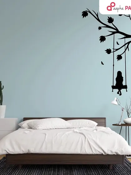 A simple yet beautiful wall stencil of a girl on a swing under a tree. This delicate design adds a touch of whimsy and serenity to this bedroom.