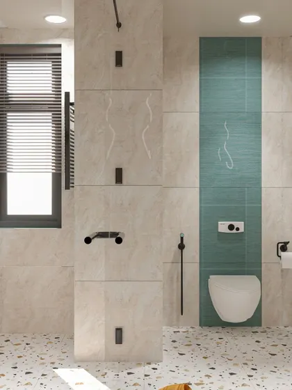 The other side of the bathroom, showing the toilet area with a blue accent tile wall, maintaining the cohesive color story.