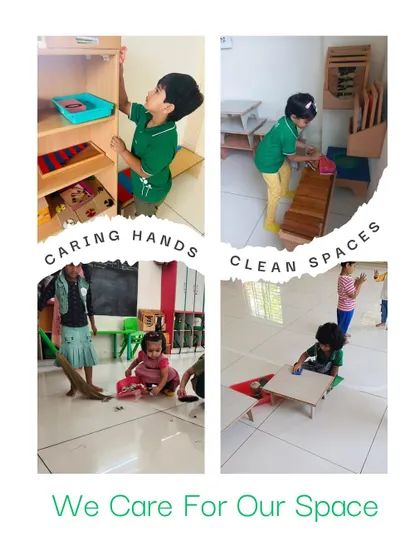 We care for our space together. Children take pride in sweeping, dusting, and organizing the classroom, learning that they are capable and valued members of our community. These acts of care build responsibility and respect for their environment.