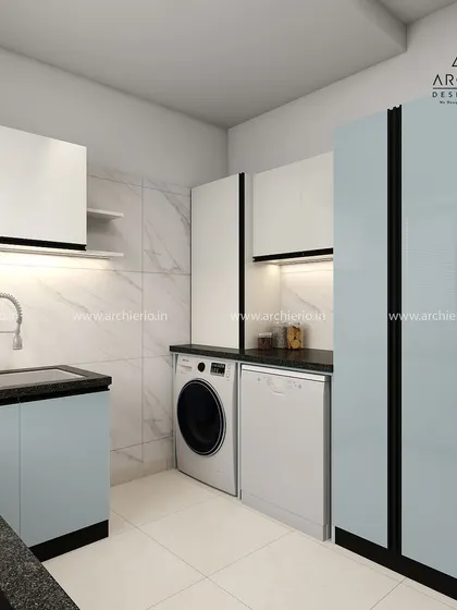 This utility kitchen area is designed for maximum efficiency, with space for a washing machine, dishwasher, and storage, all neatly organized.