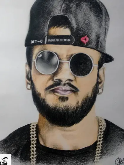 A color pencil portrait of Kannada rapper Rahul Dit-O. This piece captures the modern hip-hop style, from the branded cap to the reflective sunglasses.