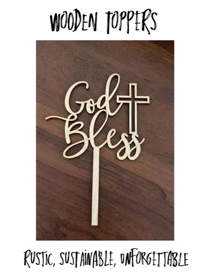 For a rustic and natural feel, our wooden toppers are a perfect choice. This "God Bless" topper is crafted from sustainable wood, ideal for baptisms, christenings, and other blessings.