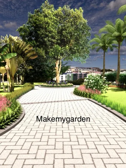 A 3D design rendering of a farm garden entrance. This shows the planned pathway with herringbone pavers, flanked by lush lawns and floral beds, with a central tree as a focal point.