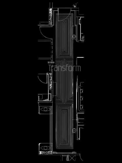 The blueprint for a foyer, revealing the rhythmic and structured elegance that underpins the final design. Every line is intentional, creating a passage that balances transparency, reflection, and harmony.