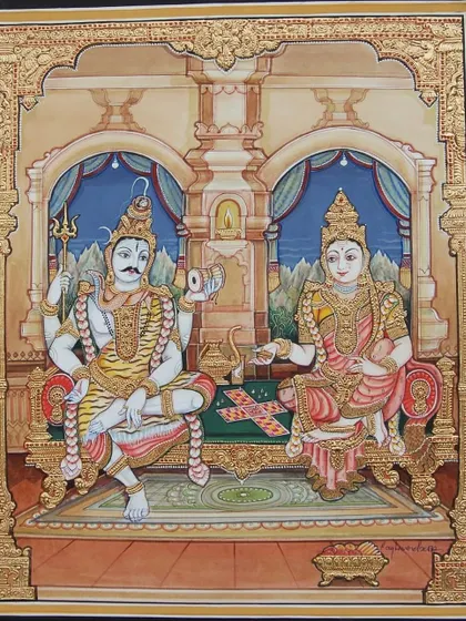 A full view of the Shiva and Parvati painting, framed to highlight the exquisite detail and artistic flair of this unique masterpiece.