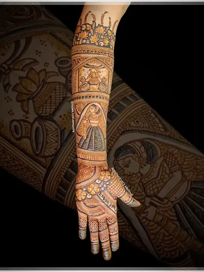 A full arm bridal design featuring a bride figure, kalash, and dhol motifs, capturing the complete essence of a wedding celebration.
