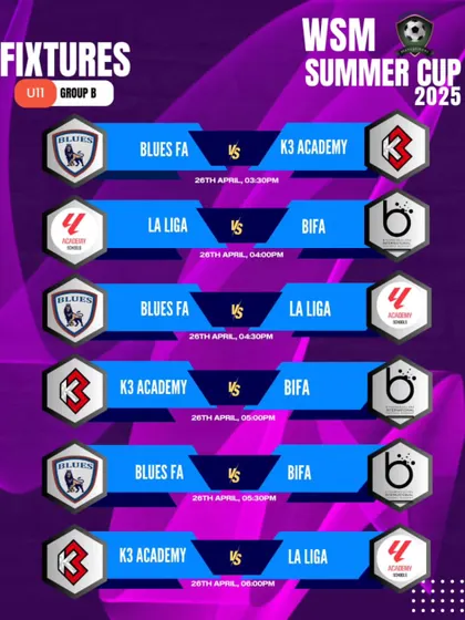Fixtures for the U11 Group B in the WSM Summer Cup. Teams can see their path through the group stage at a glance.