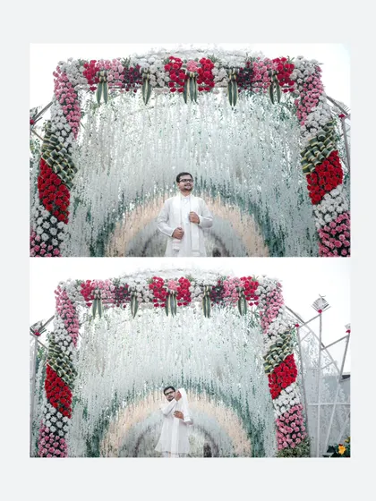 A diptych showing the groom's grand entrance through a floral tunnel, a breathtaking decor element from their Hubli wedding.