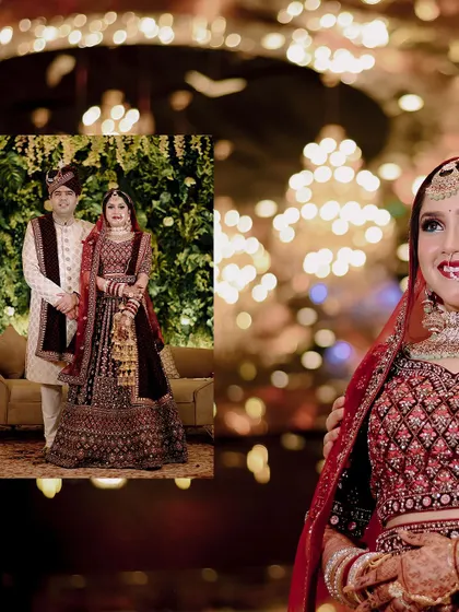 A creative collage focusing on the bride's happy expression, with a full-length portrait inset.