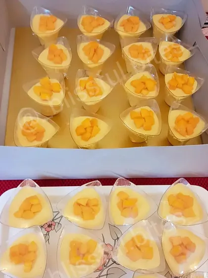 Another view of my Mango Souffle Shots, showing how they are prepared in large batches for catering orders.