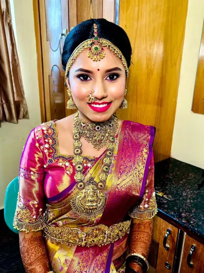 A clear, front-facing shot of the bridal makeup. The symmetry of the look, from the eyebrows to the lip shape, is something I take great care in achieving.