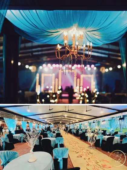 A collage showing the reception hall's decor, featuring turquoise drapes and elegant chandeliers.