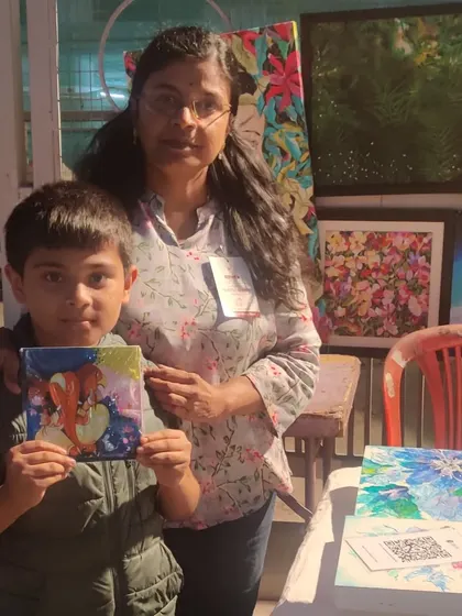 This "Kamala Ganesha" is from my Tiny Art series. It was wonderful to see this little 6x6 inch piece find a home with a young art admirer at Chitra Santhe.