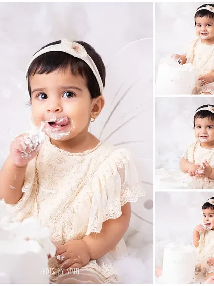 This collage showcases the many adorable expressions from her heavenly cake smash session. From thoughtful licks to happy smiles, it tells the full story of her sweet celebration.
