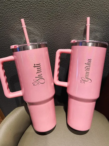 A pair of our personalised glam tumblers, ready to go. These are perfect for gifting to your best friend, sister, or bridesmaid.