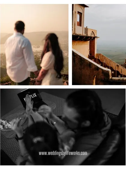 A collage showing different aspects of a couple's life, from looking out over a scenic view to a cozy night in watching Netflix.