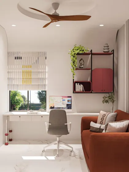 The home office features a floating desk to maximize floor space and a modern shelving unit for storage.