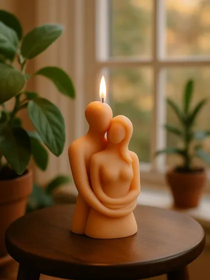 Beyond printed designs, I also craft unique sculpted candles like this one of an embracing couple. It’s a popular choice for anniversaries and romantic gifts, and you can choose the color and scent.
