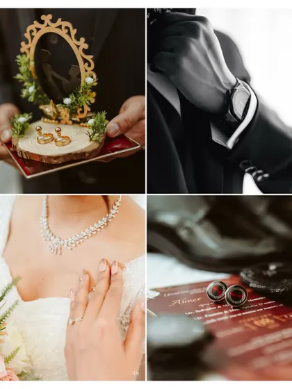 A collage of the intricate and meaningful details of the wedding day, from the rings and cufflinks to the bride's jewelry.