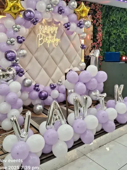 A beautiful birthday decoration for Vanika with a purple and white balloon arch on a circular frame. The setup includes a 'Happy Birthday' neon sign and silver foil letters spelling out the name.