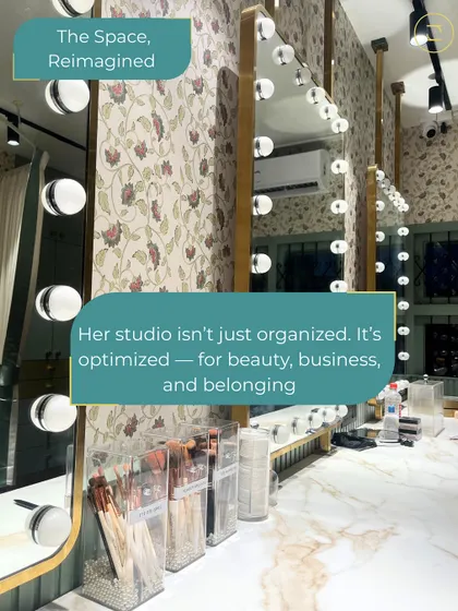 The reimagined studio is more than just organized; it's optimized for beauty, business, and belonging. Every detail was designed to support the artist's creative process and make her clients feel welcome.