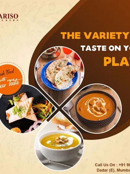 We offer a wide variety of tastes on your plate. This collage showcases some of our offerings, including soups, wraps, curries, and Indian breads, highlighting the breadth of our menu.
