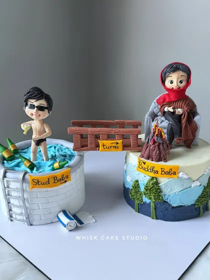 A fun concept cake showing two stages of a man's life. This "Stud Baba" cake was a humorous 40th birthday gift, featuring two personalized figurines that tell a story.