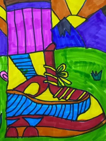 This drawing of a hiking boot in a mountain landscape is a creative still life. It teaches students to focus on the details of an object while also creating a background scene.