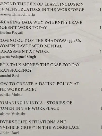 The table of contents from "Humanise," showing my chapter alongside other important topics like paternity leave and mental harassment at work.