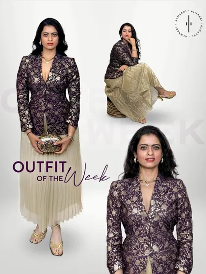 My outfit of the week. This look pairs a rich purple brocade blazer with a simple beige pleated skirt for a powerful and unique Indo-Western statement.