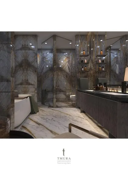 The dramatic, dark marble with gold veining clads the walls of this bathroom, creating a moody and luxurious atmosphere. The custom vanity includes open shelving with integrated lighting for displaying toiletries.