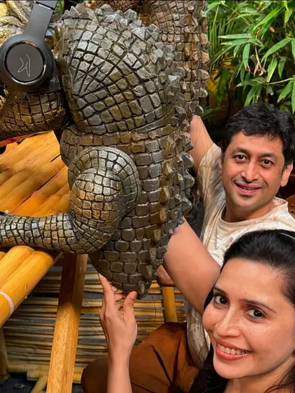 A candid shot of me and my wife Rujuta during the shoot. We often work as a husband-wife puppeteering team, combining our skills to operate complex characters.